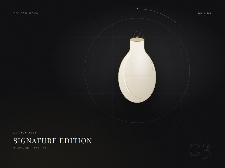 Signature Edition: goldene Vase mit Orbit-Linien auf Obsidian.